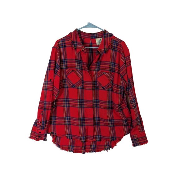 Jaded Gypsy Women size S/M Button Front Flannel Shirt Red Plaid Fringe Hippie - Picture 2 of 12